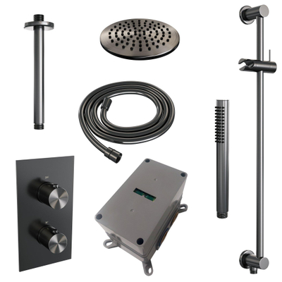 Brauer Gunmetal Edition Ensemble de douche de tête encastré - douche de tête 20cm - bras de plafond 20cm - 2 fonctions - barre de douche - corps encastré inclus - douchette à main barre 1 jet - PVD - gunmetal brossé