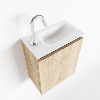 MONDIAZ TURE Kit lave-mains - 40x23x50cm - 1 trou de robinet - 1 porte - chêne blanchi mat - Lavabo à droite - Solid Surface Blanc