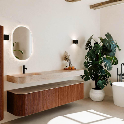 MONDIAZ THOR-DLUX Meuble de salle de bains - 190cm - arrondi gauche + droite - couleur Ruby - 2 tiroirs - 2 portes - Vasque suspendue CLOUD Gauche 1 trou de robinet - couleur Saba