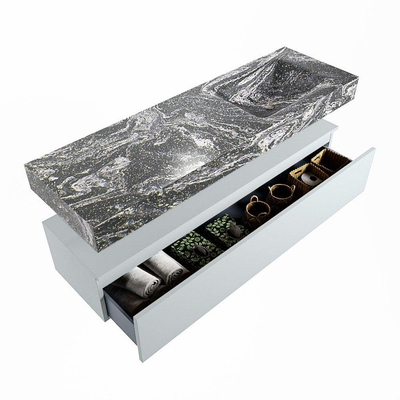 Mondiaz ALAN-DLUX Ensemble de meuble - 150cm - meuble Clay mat - 1 tiroir - Lavabo Cloud Lava suspendu - vasque Droite - 1 trou de robinet