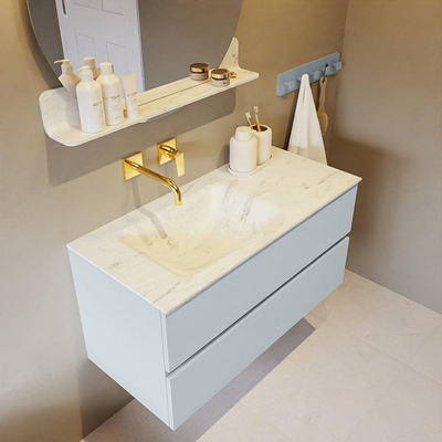 Mondiaz VICA-DLUX ensemble de meuble de salle de bain - 100cm - meuble sous-vasque argile - 2 tiroirs - lavabo encastré nuage gauche - sans trous de robinet - version haute 60cm - opalo