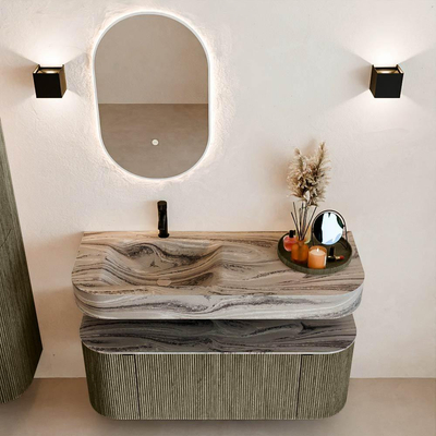 MONDIAZ THOR-DLUX 120cm meuble de salle de bains arrondi gauche + droite couleur Shadow avec 1 tiroir et 2 portes. Vasque suspendue CLOUD Gauche 1 trou de robinet couleur Sombra.