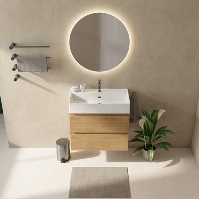 Saniclass Holz Pure Ensemble de meubles de salle de bains - 80x45x72cm - Legend lavabo en céramique blanc - 1 vasque - 1 trou de robinet - 2 tiroirs - chêne natural mat (bois)