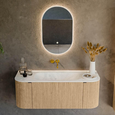 MONDIAZ KURVE-DLUX Meuble de salle de bains 120cm avec module 25 Len R couleur Chêne avec 1 tiroir et 2 portes. Lavabo BIG SMALL central sans trou de robinet couleur Opalo.
