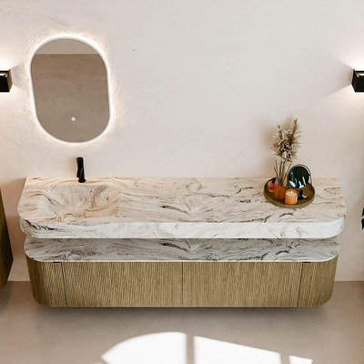 MONDIAZ THOR-DLUX Meuble de salle de bains - 200cm - arrondi gauche + droite - couleur Dusk - 2 tiroirs - 2 portes - Vasque suspendue CLOUD Gauche 1 trou de robinet couleur Glace