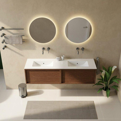 Saniclass Holz Frame Ensemble de meubles de salle de bains - 160x45x42cm - vasque Vygo en céramique blanche - 2 vasques - sans trous de robinetterie - 2 tiroirs - noyer pure mat (bois)