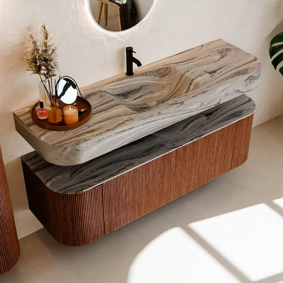 MONDIAZ THOR-DLUX 150cm badmeubel ronding links + rechts kleur Ruby met 1 lade en 2 deuren. Vrijhangende wastafel CLOUD Midden 1 kraangat kleur Sombra.