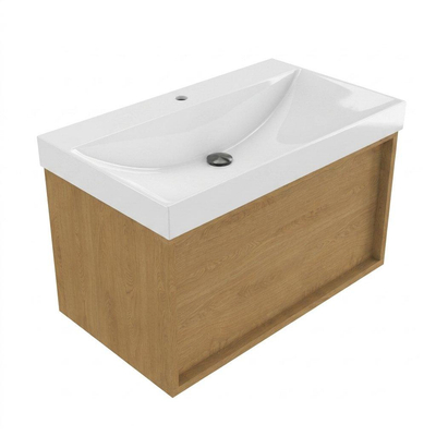 Saniclass Holz Frame Ensemble de meubles de salle de bains - 80x45x47.5cm - lavabo Wave en céramique - 1 vasque - 1 trou de robinetterie - 1 tiroir - chêne naturel mat (bois)