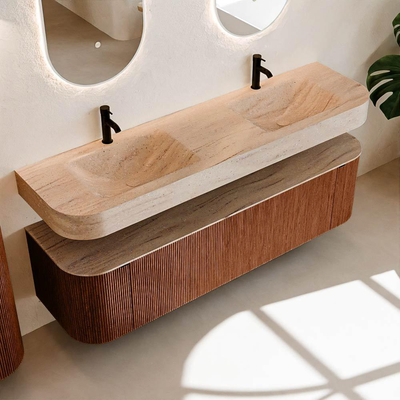 MONDIAZ THOR-DLUX Meuble de salle de bains 170cm arrondi gauche + droite couleur Ruby avec 1 tiroir et 2 portes. Vasque suspendue CLOUD Double 2 trous de robinet couleur Saba.