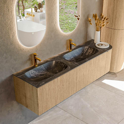 MONDIAZ KURVE-DLUX meuble de salle de bains 165cm avec module 25 R couleur Oak avec 2 tiroirs et 1 porte. Lavabo STOR SMALL double / gauche 2 trous de robinet couleur Lava.