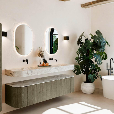 MONDIAZ THOR-DLUX 180cm meuble de salle de bains arrondi gauche + droite couleur Shadow avec 2 tiroirs et 2 portes. Vasque suspendue CLOUD Double sans trou de robinet couleur Glace.