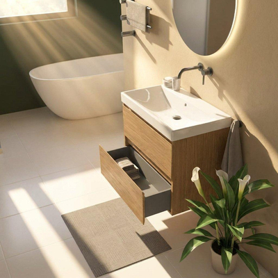 Saniclass Holz Pure Ensemble de meubles de salle de bains - 80x45x67.5cm - lavabo Wave en céramique - 1 vasque - sans trou de robinetterie - 2 tiroirs - chêne naturel mat (bois)
