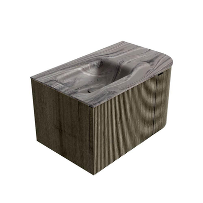 MONDIAZ KURVE-DLUX Meuble de salle de bains 75 cm arrondi à droite couleur Shadow avec 1 tiroir et 1 porte. Vasque GRUNNE à gauche sans trou de robinet Sombra.