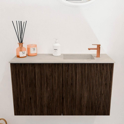 Mondiaz JOYA-DLUX 70cm toiletmeubel - kleur Walnut - Wastafel FAYE positie Rechts 1 kraangat kleur Opalo.