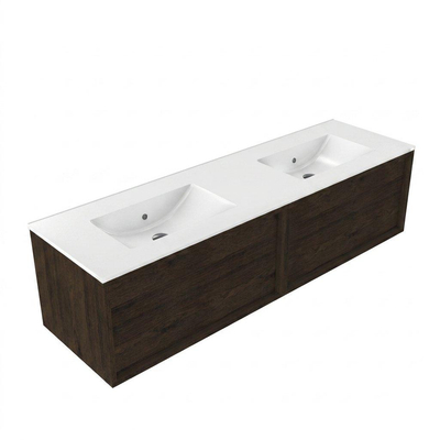 Saniclass Holz Frame Ensemble de meuble de salle de bains - 160x45x42cm - Vygo lavabo en céramique blanc - 2 vasques - sans trous de robinetterie - 2 tiroirs - chêne charcoal mat (bois)
