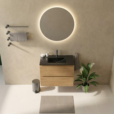 Saniclass Holz Pure Ensemble meuble de salle de bains - 80x45x62cm - lavabo Vygo en céramique noir - 1 vasque - 1 trou de robinetterie - 2 tiroirs - chêne naturel mat (bois)