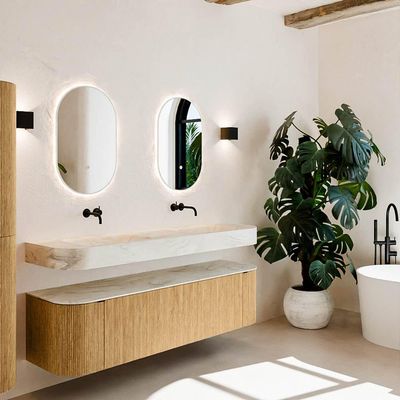 MONDIAZ THOR-DLUX Meuble de salle de bains 170cm arrondi gauche + droite couleur Oak avec 1 tiroir et 2 portes. Vasque suspendue CLOUD Double sans trou de robinet couleur Ostra.