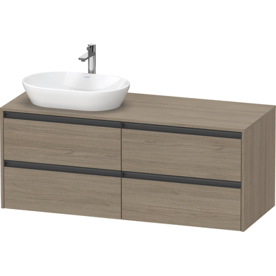Duravit Ketho.2 Wastafelonderbouwkast - inclusief consoleplaat - met 4 laden - voor waskom links - 140x55x56.8cm - met handgrepen antraciet - eiken terra mat