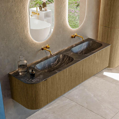 Mondiaz KURVE-DLUX Ensemble de meuble salle de bain - 175x46x40cm - 2 tiroirs - 1 porte - lavabo en solid surface - double / droite - sans trou de robinet - Dusk