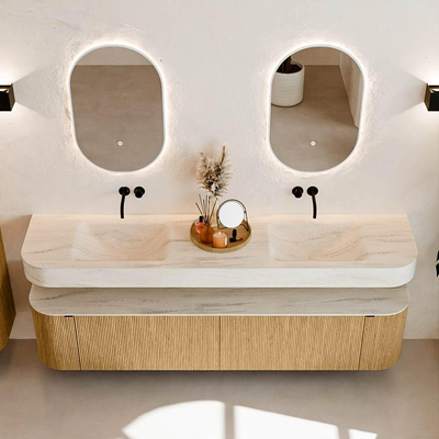 MONDIAZ THOR-DLUX 200cm meuble de salle de bains arrondi gauche + droite couleur Oak avec 2 tiroirs et 2 portes. Vasque suspendue CLOUD Double sans trou de robinet couleur Meli.