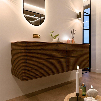 Mondiaz CIRO-DLUX Badkamermeubelset - 160x45x50cm - Solid surface wastafel Saba - 1 wasbak Links - zonder kraangaten - 4 lades - Dusk