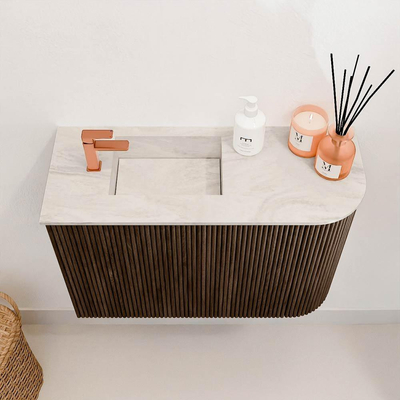 Mondiaz JOYA-DLUX 61.6cm toiletmeubel - ronding rechts kleur Walnut - Wastafel FAYE positie Links 1 kraangat kleur Ostra.