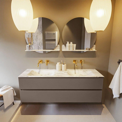 Mondiaz VICA-DLUX ensemble de meuble de salle de bain - 150cm - meuble sous-vasque fumée - 2 tiroirs - lavabo encastré nuage double - sans trous de robinet - version haute de 60cm - glace