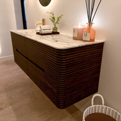 Mondiaz CIRO-DLUX Badkamermeubelset - 140x45x50cm - Solid surface wastafel Glace - 1 wasbak Links - 1 kraangat - 4 lades - Walnut