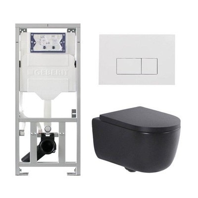 QeramiQ Dely Swirl Ensemble WC - 36.3x51.7cm - Réservoir encastré Geberit UP320 - Abattant de 35mm d'épaisseur - Plaque de commande blanc brillant - Boutons rectangulaires - Noir mat