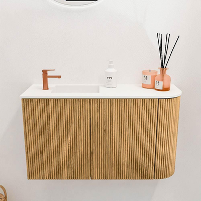 Mondiaz JOYA 71,6cm meuble de salle de bains - arrondi droit couleur Chêne - Vasque FAYE position Gauche 1 trou de robinet couleur Talc.