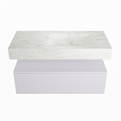 Mondiaz ALAN-DLUX Ensemble de meuble - 100cm - meuble Cale mat - 1 tiroir - Lavabo Cloud Opalo suspendu - vasque Droite - 1 trou de robinet