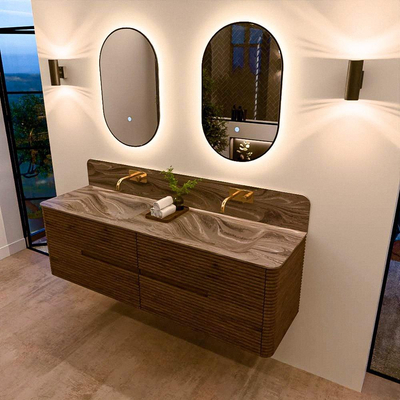 Mondiaz CIRO-DLUX Badkamermeubelset - 160x45x50cm - Solid surface wastafel Sombra - 2 wasbak Dubbel - zonder kraangaten - 4 lades - Dusk