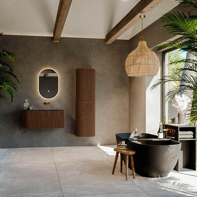 MONDIAZ KURVE-DLUX Meuble de salle de bains 95 cm avec module 25 L couleur Walnut avec 1 tiroir et 1 porte. Lavabo BIG SMALL à droite sans trou de robinet couleur Lava.