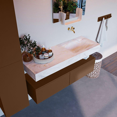 Mondiaz ALAN-DLUX Ensemble de meuble - 130cm - meuble Rust mat - 2 tiroirs - Lavabo Cloud Ostra suspendu - vasque Droite - 0 trous de robinet