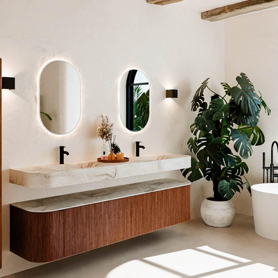 MONDIAZ THOR-DLUX 200cm meuble de salle de bains arrondi gauche + droite couleur Ruby avec 2 tiroirs et 2 portes. Vasque suspendue CLOUD Double 2 trous de robinet couleur Frappe.