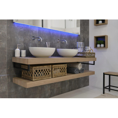 Looox Wood collection Duo étagères murales 140x46cm - 2 pièces - Avec porte-serviettes noir mat - chêne massif gris ancien