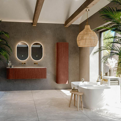 MONDIAZ KURVE-DLUX meuble de salle de bains 145cm arrondi à gauche couleur Ruby avec 1 tiroir et 1 porte. Lavabo BIG LARGE à droite sans trou de robinet Meli.