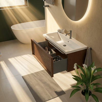 Saniclass Holz Frame Ensemble meuble de salle de bains - 100x45x43.5cm - Lavabo en céramique Bari blanc - 1 vasque - 1 trou de robinetterie - 1 tiroir - walnut pure mat (bois)