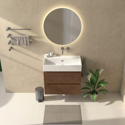 Saniclass Holz Atelier Ensemble meuble de salle de bains - 80x45x72cm - Legend lavabo en céramique blanc - 1 vasque - sans trou de robinetterie - 2 tiroirs - walnut pure mat (bois)