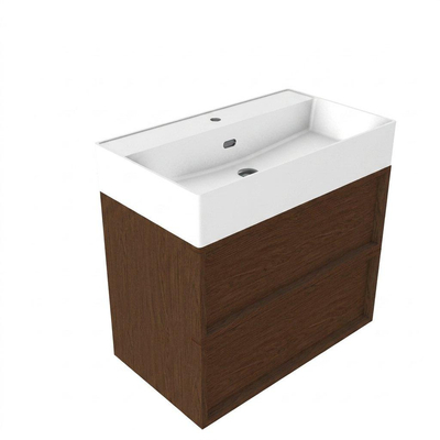 Saniclass Holz Frame Ensemble de meubles de salle de bains - 80x45x72cm - lavabo Legend en céramique blanc mat - 1 vasque - 1 trou de robinetterie - 2 tiroirs - noyer pur mat (bois)