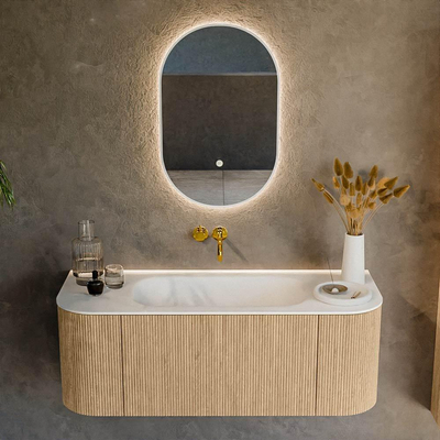 MONDIAZ KURVE 120cm Meuble salle de bain avec module 25 G et D - couleur Oak - 1 tiroir - 2 portes - vasque BIG SMALL centre - sans trous de robinet - Talc