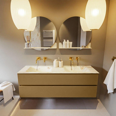 Mondiaz VICA-DLUX ensemble de meuble de salle de bain - 150cm - meuble sous-vasque oro - 2 tiroirs - lavabo encastré cloud double - sans trous de robinet - version haute de 60cm - frape