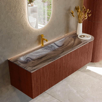 MONDIAZ KURVE-DLUX 145cm badmeubel ronding Rechts kleur Ruby met 1 lade en 1 deur. Wastafel BIG LARGE Links 1 kraangat Sombra.
