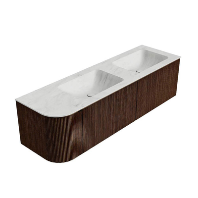 MONDIAZ KURVE-DLUX meuble de salle de bains 155 cm avec module 25 L couleur Walnut avec 2 tiroirs et 1 porte. Lavabo LEAF double / à droite 2 trous de robinet couleur Opalo.