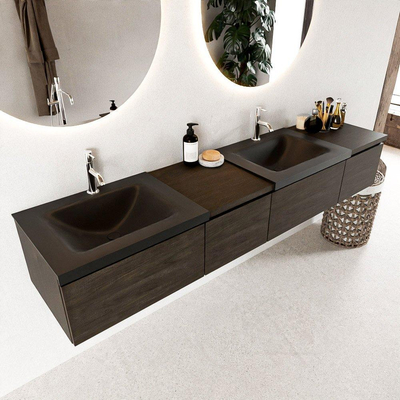MONDIAZ BUKLA 200cm badmeubel met module 40 links kleur Dark Brown met 4 lades. Wastafel CLOUD dubbel 2 kraangaten kleur Urban.