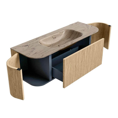 MONDIAZ KURVE-DLUX 130cm badmeubel ronding Links + Rechts kleur Oak met 1 lade en 2 deuren. Wastafel BIG SMALL Midden 1 kraangat Arena.