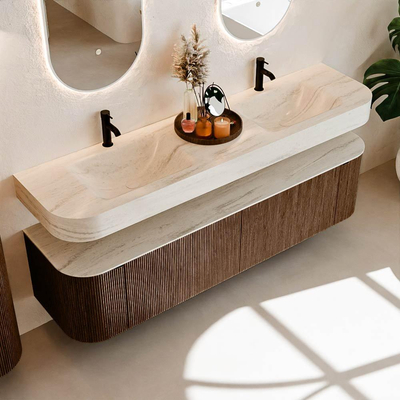 MONDIAZ THOR-DLUX Meuble de salle de bains 180cm arrondi gauche + droite couleur Walnut avec 2 tiroirs et 2 portes. Vasque suspendue CLOUD Double 2 trous de robinet couleur Meli.