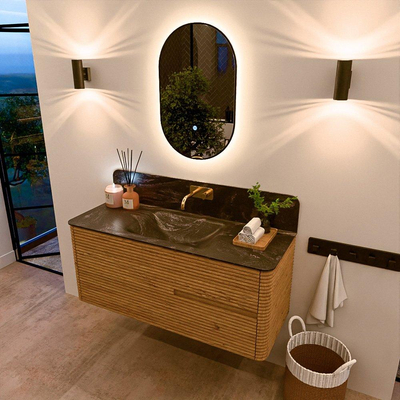 Mondiaz CIRO-DLUX Meuble de salle de bains - 120x45x50cm - lavabo solid surface Lava - 1 vasque centrale - sans trous de robinet - 2 tiroirs - Chêne