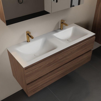 Mondiaz Aivy ensemble de meuble de salle de bains - 120x45x50cm - 2 trous de robinet - 2 vasques talc Solid surface - Gauche et droite - 2 tiroirs - Avec armoire miroir - Mélamine Mocha