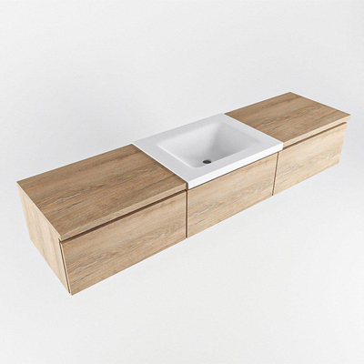 Mondiaz bukla ensemble de meubles de bain 180x45x34cm 1 trou pour robinetterie lavabo milieu surface solide talc sans poignée 3 tiroirs avec softclose mélamine chêne lavé